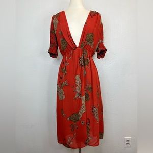 Reformation Burnt Orange Floral Plunging Neckline Dress Smocked Sleeve Size XS